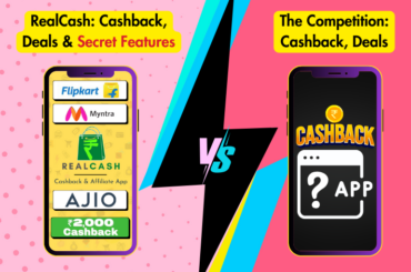 RealCash app on phone screen with shopping cart and rupee symbol showing cashback earned. Compared to generic cashback app icons with question marks, highlighting RealCash's wider range of features.
