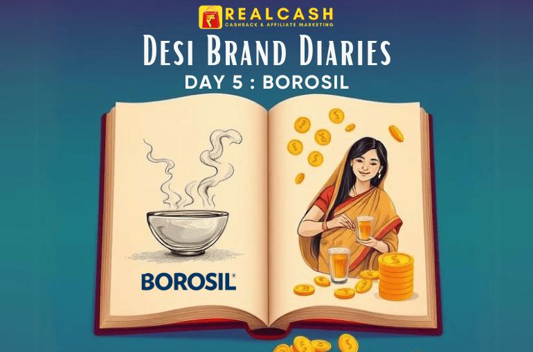 An open diary simmering with desi warmth on a teal-to-purple gradient background (#00C4B4 to #6B48FF). On the left page, a sketch of a Borosil glass bowl in a Mumbai lab, with steam and glass shards morphing into cookware. On the right page, a mom serves chai in Borosil tumblers, golden rupee coins (#FFC107) raining down. At the top, bold Poppins font text: ‘Desi Brand Diaries – Day 5: Borosil’—white with a Golden Yellow outline. A subtle RealCash watermark (tiny coin stack) sits in the bottom-right corner.