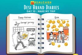 An open diary charting desi journeys on a teal-to-purple gradient background (#00C4B4 to #6B48FF). On the left page, a sketch of Deep Kalra plotting travel in a Gurgaon garage, with planes and buses taking off. On the right page, a family explores Goa, golden rupee coins (#FFC107) raining down. At the top, bold Poppins font text: ‘Desi Brand Diaries – Day 10: MakeMyTrip’—white with a Golden Yellow outline. A subtle RealCash watermark (tiny coin stack) sits in the bottom-right corner.