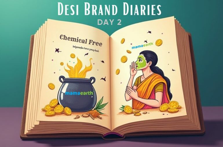An open diary simmering with desi charm on a teal-to-purple gradient background (#00C4B4 to #6B48FF). On the left page, a sketch of a worried mom stirring a pot labeled ‘Mamaearth,’ with neem leaves and turmeric swirls bubbling out. On the right page, a glowing woman in a saree applies a face mask, golden rupee coins (#FFC107) raining down. At the top, bold Poppins font text: ‘Desi Brand Diaries – Day 2: Mamaearth’—white with a Golden Yellow outline. A subtle RealCash watermark (tiny coin stack) sits in the bottom-right corner.