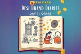 An open diary buzzing with desi energy on a teal-to-purple gradient background (#00C4B4 to #6B48FF). On the left page, a sketch of Odhavji Patel tinkering with a clock in Morbi, gears and fans swirling out. On the right page, a family enjoys an Orpat fan and kettle, golden rupee coins (#FFC107) raining down. At the top, bold Poppins font text: ‘Desi Brand Diaries – Day 7: Orpat’—white with a Golden Yellow outline. A subtle RealCash watermark (tiny coin stack) sits in the bottom-right corner