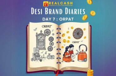 An open diary buzzing with desi energy on a teal-to-purple gradient background (#00C4B4 to #6B48FF). On the left page, a sketch of Odhavji Patel tinkering with a clock in Morbi, gears and fans swirling out. On the right page, a family enjoys an Orpat fan and kettle, golden rupee coins (#FFC107) raining down. At the top, bold Poppins font text: ‘Desi Brand Diaries – Day 7: Orpat’—white with a Golden Yellow outline. A subtle RealCash watermark (tiny coin stack) sits in the bottom-right corner