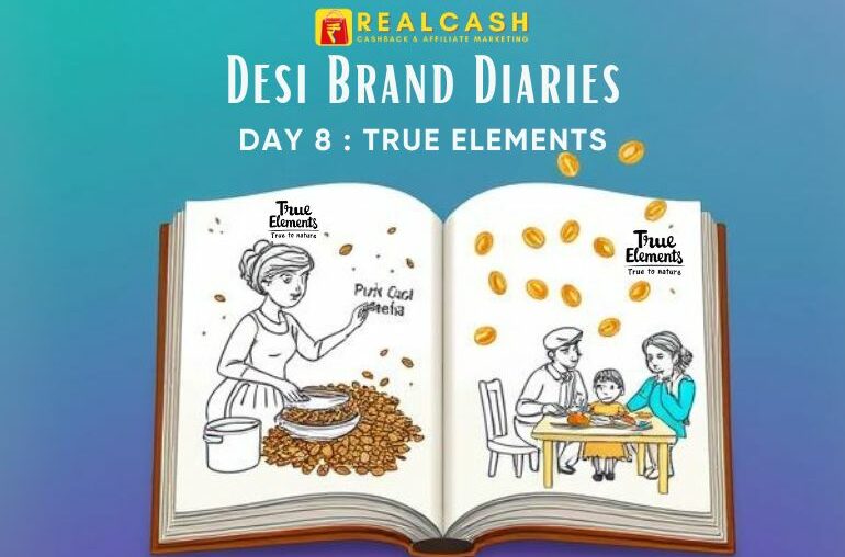 An open diary bursting with desi health on a teal-to-purple gradient background (#00C4B4 to #6B48FF). On the left page, a sketch of Puru Gupta mixing muesli in a Pune kitchen, with seeds and jaggery swirling out. On the right page, a family enjoys True Elements granola at breakfast, golden rupee coins (#FFC107) raining down. At the top, bold Poppins font text: ‘Desi Brand Diaries – Day 8: True Elements’—white with a Golden Yellow outline. A subtle RealCash watermark (tiny coin stack) sits in the bottom-right corner.