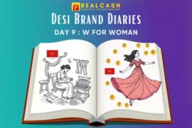 An open diary weaving desi elegance on a teal-to-purple gradient background (#00C4B4 to #6B48FF). On the left page, a sketch of a W for Woman designer stitching a kurta in Delhi, with threads and looms swirling out. On the right page, a woman twirls in a W anarkali, golden rupee coins (#FFC107) raining down. At the top, bold Poppins font text: ‘Desi Brand Diaries – Day 9: W for Woman’—white with a Golden Yellow outline. A subtle RealCash watermark (tiny coin stack) sits in the bottom-right corner.
