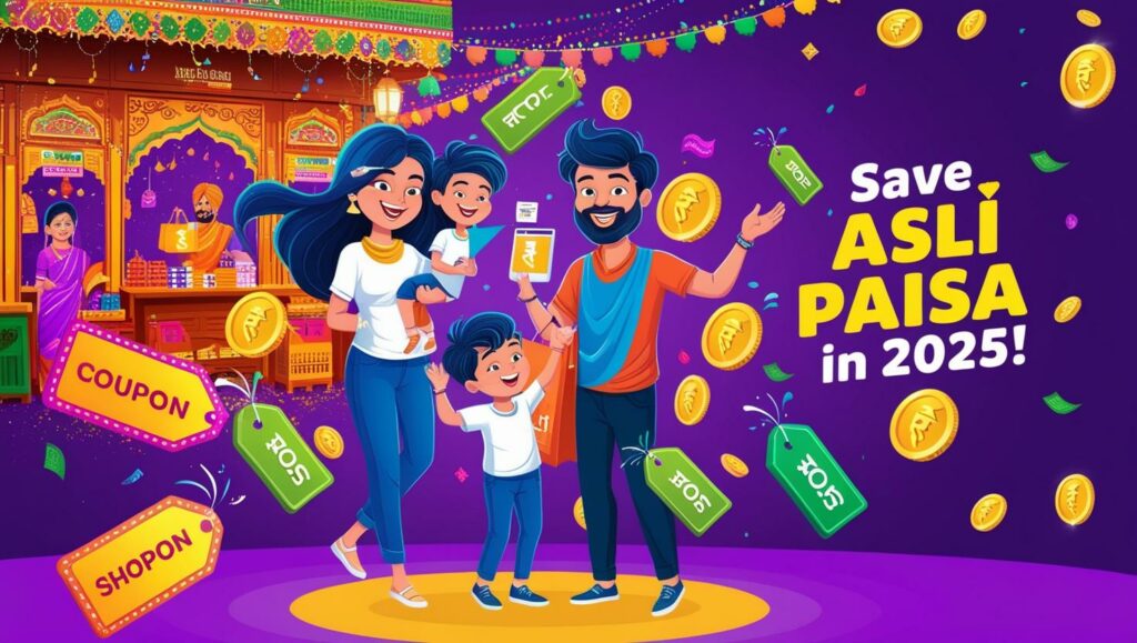 Create a lively digital illustration of a young Indian family shopping online, surrounded by colorful discount tags, cashback coins, and coupon codes. Include a festive Indian market backdrop with Holi colors and traditional patterns. Use a vibrant palette of purple, green, and yellow to evoke joy and savings. Add the text 'Save Asli Paisa in 2025!' in a bold, playful font.
