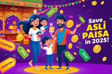 Create a lively digital illustration of a young Indian family shopping online, surrounded by colorful discount tags, cashback coins, and coupon codes. Include a festive Indian market backdrop with Holi colors and traditional patterns. Use a vibrant palette of purple, green, and yellow to evoke joy and savings. Add the text 'Save Asli Paisa in 2025!' in a bold, playful font.