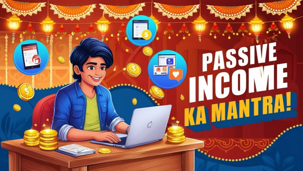 Create a vibrant digital illustration of a young Indian freelancer sitting at a cozy desk, creating affiliate marketing content on a laptop. Surround them with floating icons of blogs, social media posts, and money coins, with a festive Indian backdrop featuring Diwali lanterns and rangoli. Use a lively color palette of blue, orange, and gold to convey energy and success. Include the text 'Passive Income Ka Mantra!' in a bold, modern font.
