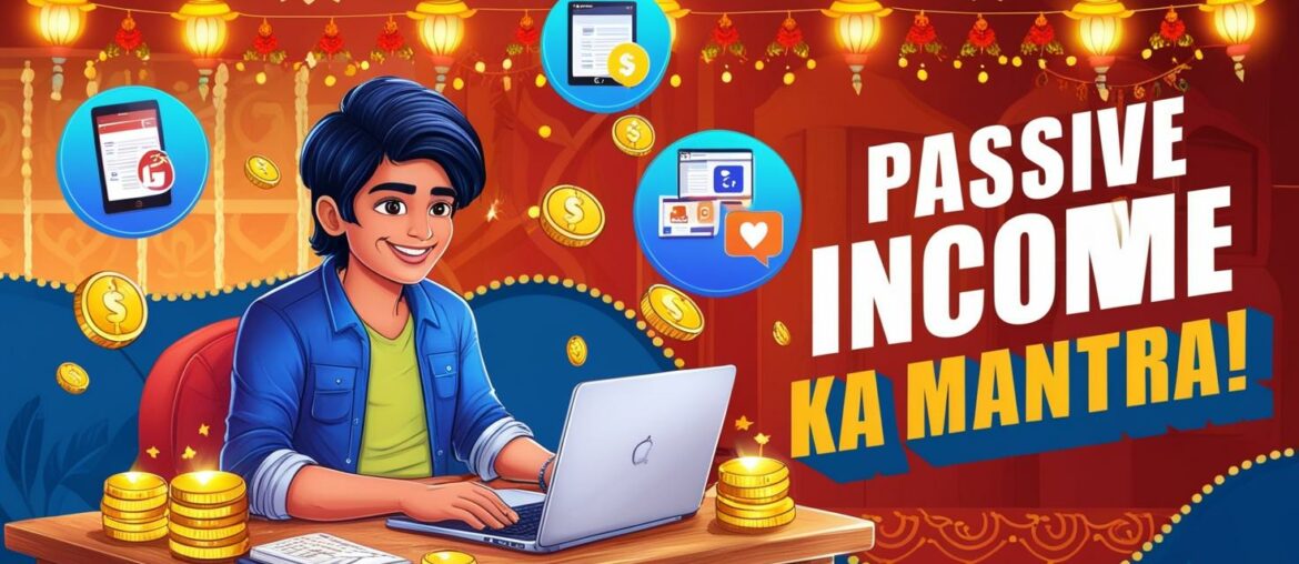 Create a vibrant digital illustration of a young Indian freelancer sitting at a cozy desk, creating affiliate marketing content on a laptop. Surround them with floating icons of blogs, social media posts, and money coins, with a festive Indian backdrop featuring Diwali lanterns and rangoli. Use a lively color palette of blue, orange, and gold to convey energy and success. Include the text 'Passive Income Ka Mantra!' in a bold, modern font.