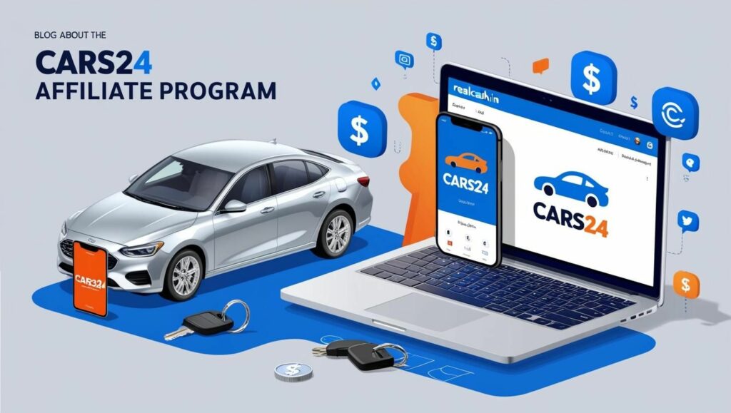 A vibrant, modern digital illustration for a blog about the Cars24 Affiliate Program. Feature a laptop displaying the RealCash.in dashboard with Cars24’s logo, surrounded by a sleek used car, car keys, and a smartphone showing the Cars24 app. Use a blue and orange color scheme to reflect Cars24’s branding, with subtle icons of affiliate links, money, and social media platforms in the background. The style should be clean, professional, and engaging, appealing to affiliate marketers and car owners.