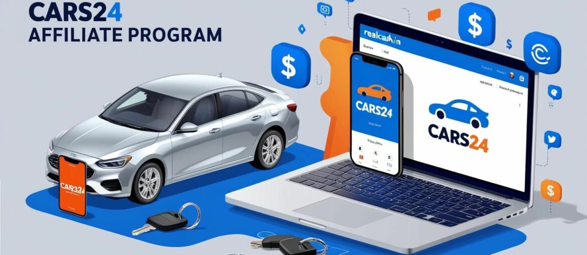 A vibrant, modern digital illustration for a blog about the Cars24 Affiliate Program. Feature a laptop displaying the RealCash.in dashboard with Cars24’s logo, surrounded by a sleek used car, car keys, and a smartphone showing the Cars24 app. Use a blue and orange color scheme to reflect Cars24’s branding, with subtle icons of affiliate links, money, and social media platforms in the background. The style should be clean, professional, and engaging, appealing to affiliate marketers and car owners.