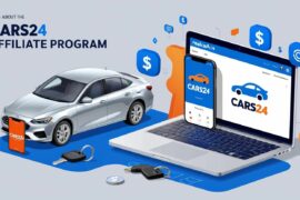 A vibrant, modern digital illustration for a blog about the Cars24 Affiliate Program. Feature a laptop displaying the RealCash.in dashboard with Cars24’s logo, surrounded by a sleek used car, car keys, and a smartphone showing the Cars24 app. Use a blue and orange color scheme to reflect Cars24’s branding, with subtle icons of affiliate links, money, and social media platforms in the background. The style should be clean, professional, and engaging, appealing to affiliate marketers and car owners.