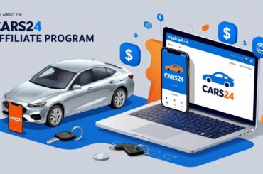 A vibrant, modern digital illustration for a blog about the Cars24 Affiliate Program. Feature a laptop displaying the RealCash.in dashboard with Cars24’s logo, surrounded by a sleek used car, car keys, and a smartphone showing the Cars24 app. Use a blue and orange color scheme to reflect Cars24’s branding, with subtle icons of affiliate links, money, and social media platforms in the background. The style should be clean, professional, and engaging, appealing to affiliate marketers and car owners.