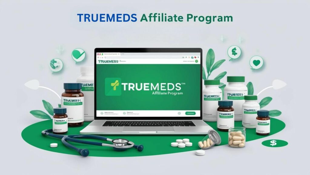 a vibrant, modern digital illustration for a blog about the Truemeds Affiliate Program. Feature a laptop displaying the RealCash.in dashboard with Truemeds’ logo, surrounded by healthcare products like medicine bottles, a stethoscope, and wellness supplements. Use a green and white color scheme to reflect Truemeds’ branding, with subtle icons of affiliate links, money, and social media platforms in the background. The style should be clean, professional, and engaging, appealing to affiliate marketers and health enthusiasts.