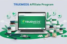 a vibrant, modern digital illustration for a blog about the Truemeds Affiliate Program. Feature a laptop displaying the RealCash.in dashboard with Truemeds’ logo, surrounded by healthcare products like medicine bottles, a stethoscope, and wellness supplements. Use a green and white color scheme to reflect Truemeds’ branding, with subtle icons of affiliate links, money, and social media platforms in the background. The style should be clean, professional, and engaging, appealing to affiliate marketers and health enthusiasts.