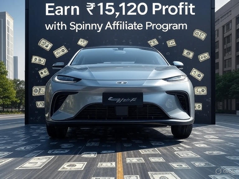 A vibrant banner showing a car with earning opportunities, highlighting "Earn ₹15,120 Profit with Spinny Affiliate Program