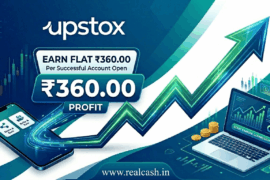 showing the opportunity of earning money with upstox affiliate program on realcash affiliate platform